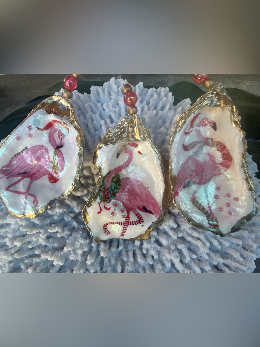 Pink Flamingo Oyster Shell ornaments - Gold Trim